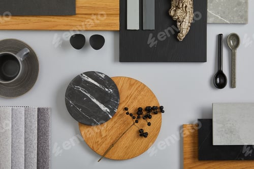 Preview: Elegant architect moodboard flat lay composition in light grey, black and brown color