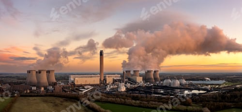Preview: Aerial landscape panorama of a coal fired Power Station in the UK at sunset