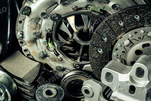 Preview: Close up of new car parts on black background