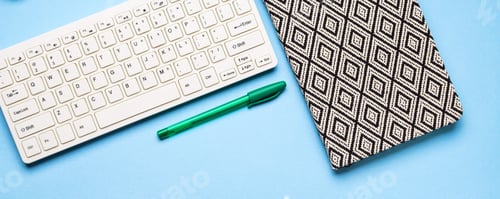 Preview: Keyboard, notebook and pen. Writing concept