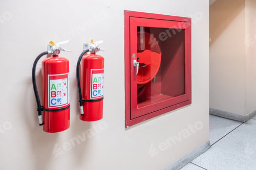 Preview: Fire extinguisher system on the wall background,