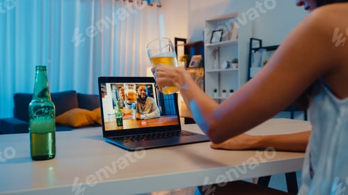 Preview: Young Asia female drinking beer having fun happy moment night party event online.