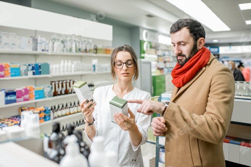 Preview: Pharmacist with client in the pharmacy store