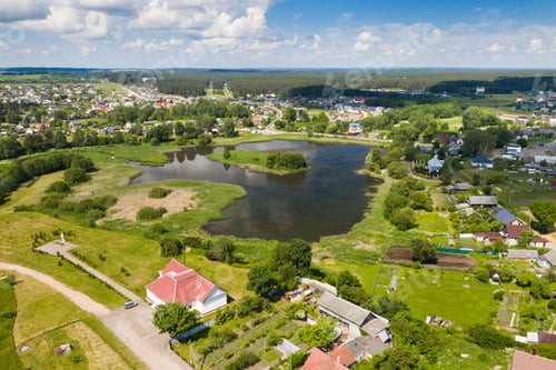 Preview: Lake in the agro-town of Rakov near Minsk, Belarus. Aerial drone photography