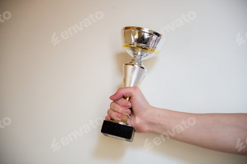Preview: man holding winner cup on white background