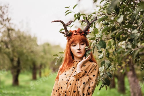 Preview: fairy woman with deer horns in autumn forest. Face painting