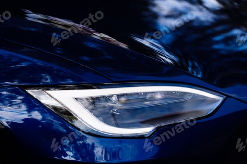 Preview: Closeup of new projector headlight on the modern blue car.