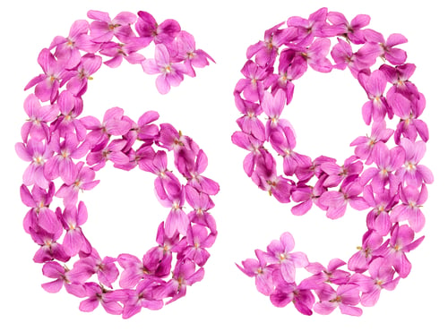 Preview: Arabic numeral 69, sixty nine, from flowers of viola, isolated on white background