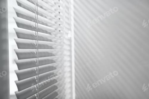 Preview: Window with closed horizontal blinds indoors. Space for text