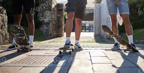 Preview: Shoes, skateboard group and people in street, city or outdoors preparing for practice. Exercise, fi