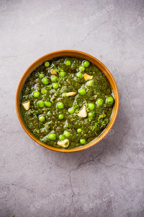 Preview: palak matar curry also known as spinach geen peas masala sabzi or sabji, indian food