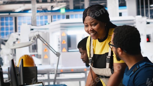 Preview: African american colleagues analyze power data from solar production line