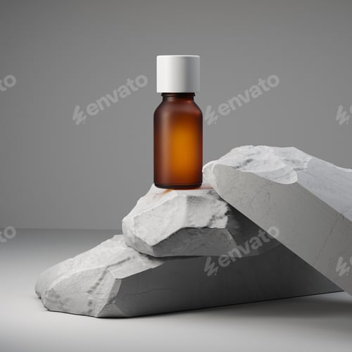 Preview: Essential oil and stacked white stones on a white background. Mock up with copy space.