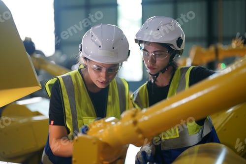 Preview: Robotics engineer working on maintenance of robotic arm in factory warehouse. Business technology.