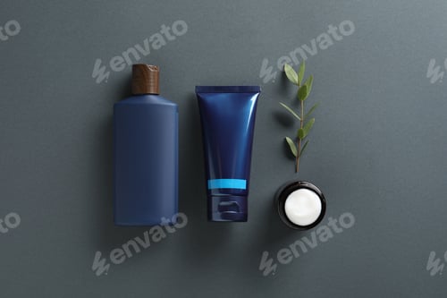 Preview: Facial cream and other men's cosmetic products on grey background, flat lay