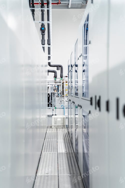 Preview: Narrow space between machinery inside modern factory, Stuttgart, Germany