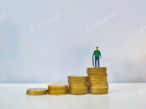 Preview: a miniature old man stands on coin stack.retirement concept.