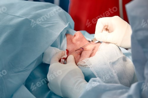 Preview: Close up of the face of a patient who is undergoing blepharoplasty. The surgeon cuts the eyelid and