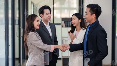 Preview: Asian businesswoman and businessman engage in a handshake in an office environment