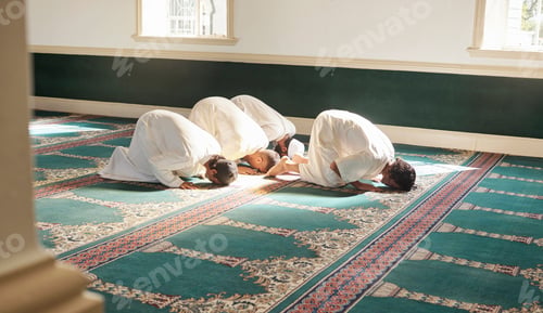 Preview: Muslim, prayer and mosque with a spiritual man group praying together during fajr, dhuhr or asr, ot