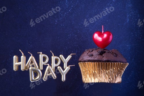 Preview: Valentine card with heart candles and muffin.