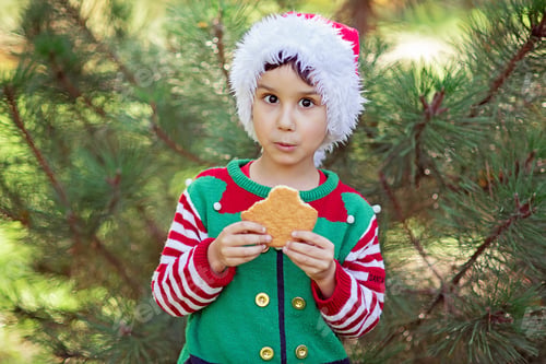 Preview: Little boy in sweater and hat waiting for a Christmas in the wood