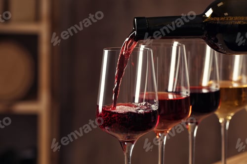 Preview: Pouring wine from bottle into glass in cellar, closeup