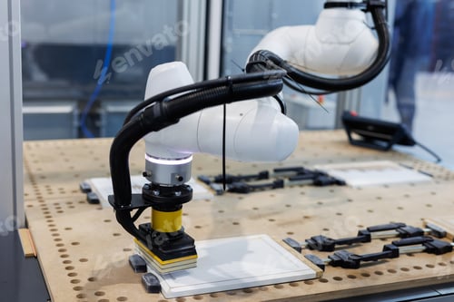 Preview: An automated robotic arm polishing a wooden surface. High-tech industrial production.