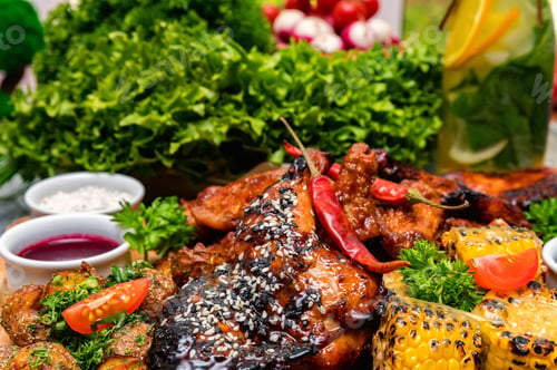 Preview: Barbecue chicken with vegetables on wooden table