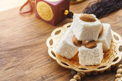 Preview: Turkish delight sweets on a metal oriental plate
