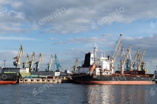 Preview: Cargo cranes and ship in port of Saint Petersburg, Russia.