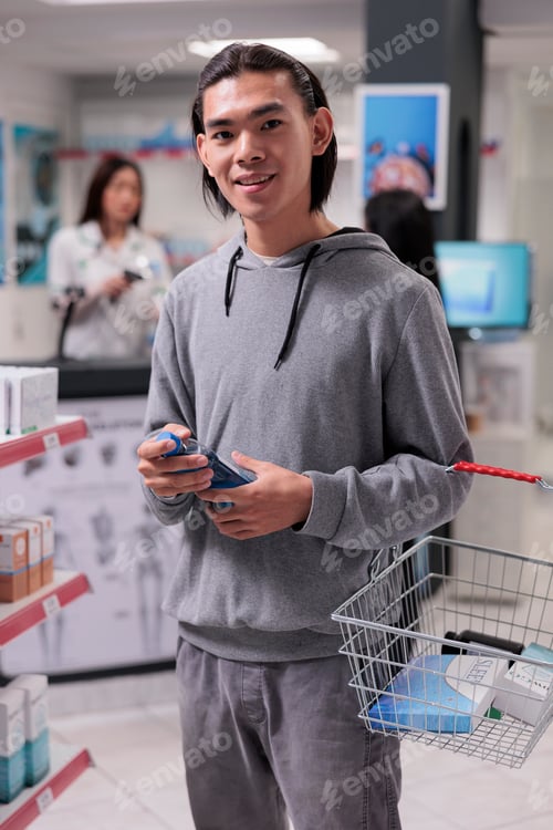 Preview: Asian young adult coming at pharmacy shop