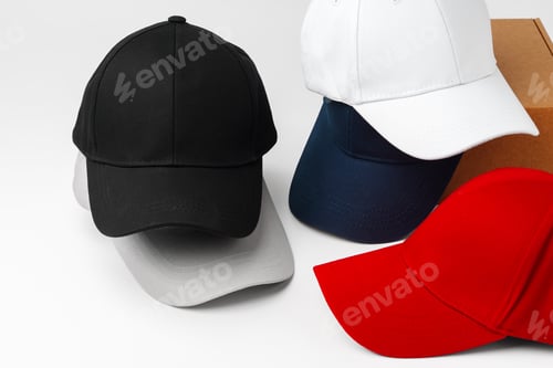 Preview: Stack of Assorted Baseball Caps on a White Background