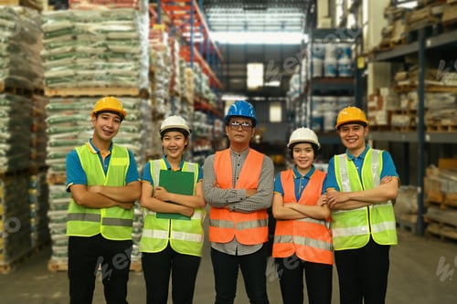 Preview: Group of warehouse workers in hardhat and reflective jacket standing with arm crossed.