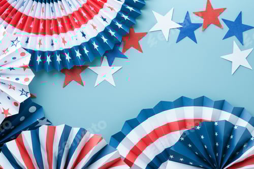 Preview: 4th of July background. USA paper fans, Red, blue, white stars and confetti on blue wall background.