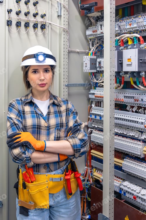 Preview: Woman engineer poses in switchboard room among cables. Professional portrait.