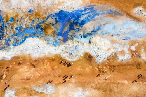 Preview: People near geyser in the Iceland. Aerial landscape above geyser. Icelandic landscape from air.