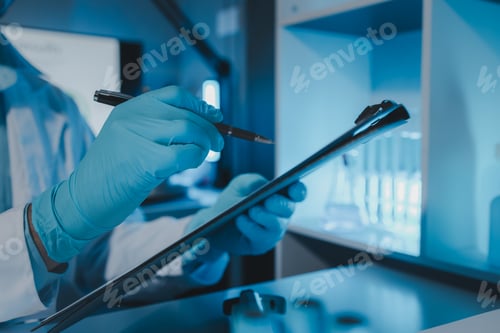 Preview: a scientist is working in laboratory and taking note of experiment result, paperwork has chemical's