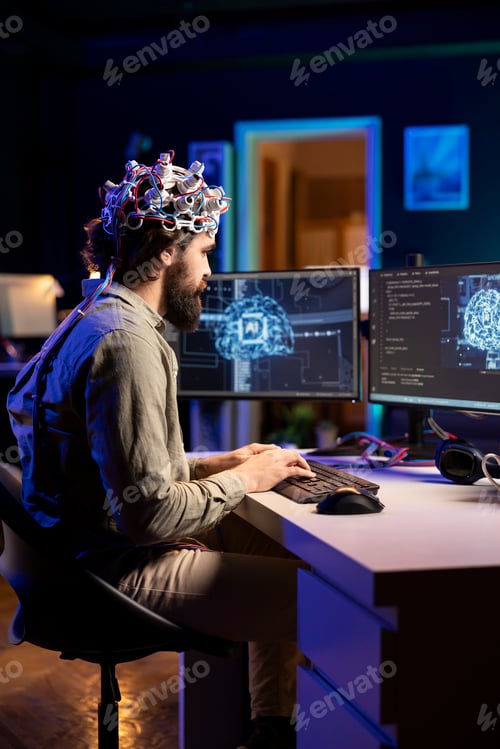 Preview: Software developer with EEG headset on writing code