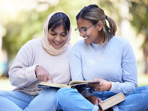 Preview: Study friends, park reading and outdoor woman students with university textbook and books. College