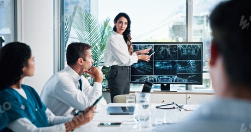 Preview: Woman, doctor or presentation with x ray on screen for meeting or planning surgery in boardroom. Fe
