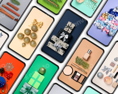 Preview: Flat lay with phones with photos for Christmas concept