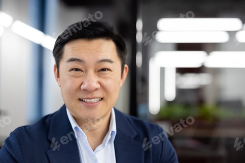 Preview: Close-up portrait of Asian man inside office, businessman successful smiling looking at camera