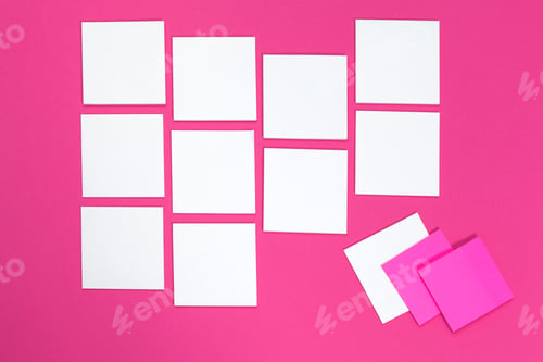 Preview: mock up concept. cards Papers on pink background. Top view, flat lay, copy space