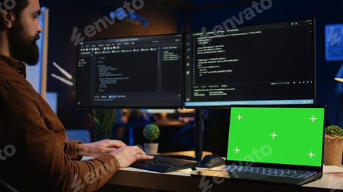 Preview: Programmer coding on computer next to isolated screen laptop in home office