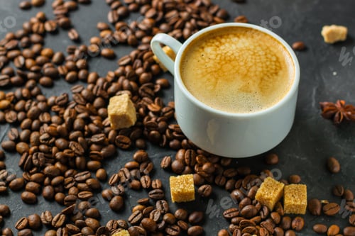 Preview: Coffee Fresh And Hot In A White Cup, Aroma. Serving Of Beverage (Coffee Grain). Food. Top View