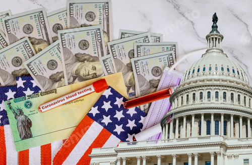 Preview: Washington DC Capitol dome with Global pandemic Covid 19 lockdown on American flag stimulus