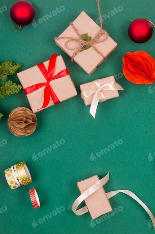 Preview: Christmas background with gift boxes red baubles and ribbon