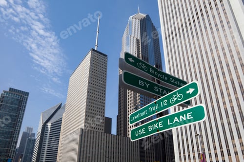 Preview: 53809,Close up of road signs on Chicago city street, Chicago, United States