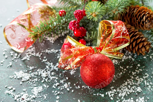 Preview: Christmas background with Christmas red Ball and snow. Copy space.